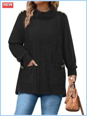 Plus Size Turtleneck Tunic Sweater with Pockets Long Sleeve Pullover